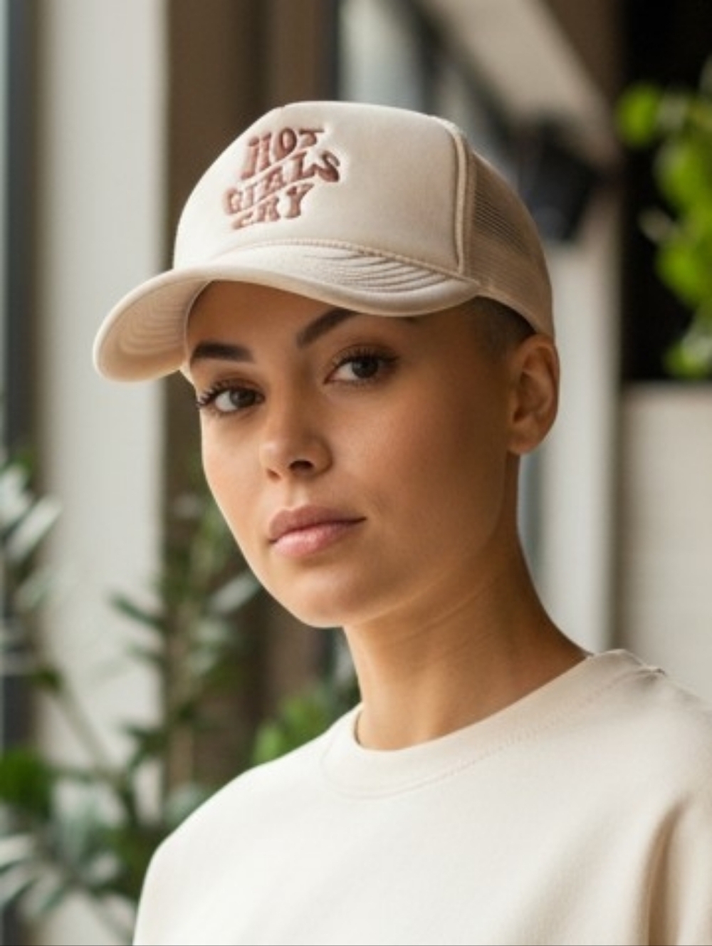 NWOT Cream Trucker Baseball Snapback Hat with Brown "Hot Girls Cry" Embroidery
